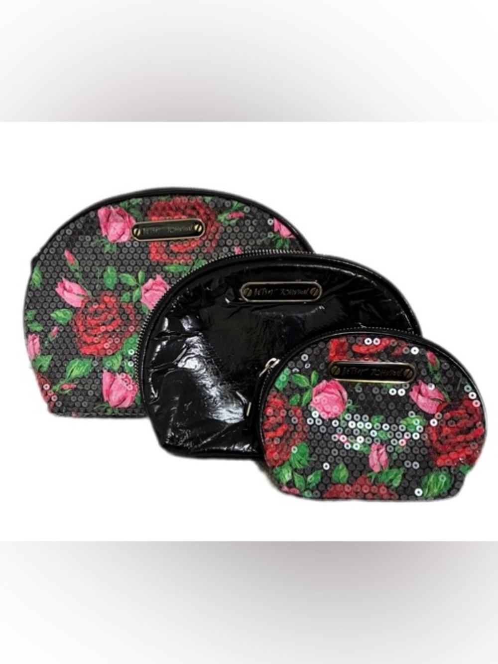 Betsey Johnson NWOT Floral & Black Sequin Cosmetic Bag Set 3 (sm, med, leg)